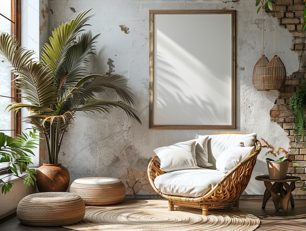 Modelagem de quadro de uma parede quadros em branco na sala de estar com luz solar de sala de estar e sombra da janela