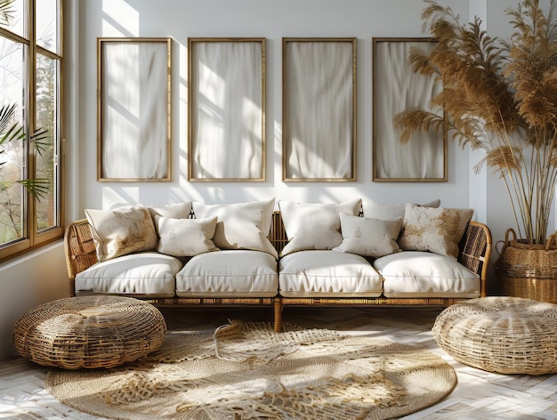 Modelagem de quadro de uma parede quadros em branco na sala de estar com luz solar sofá e sombra da janela