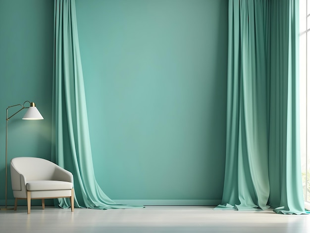 Modelagem de renderização 3D de parede vazia aqua verde em uma sala com cortinas de seda Modelo para produto