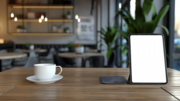 Modelagem de tablet e smartphone com telas em branco em uma mesa de madeira em um café