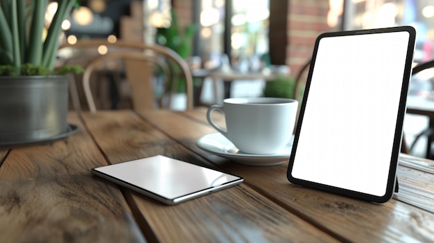 Modelagem de tablet e smartphone com telas em branco em uma mesa de madeira em um café