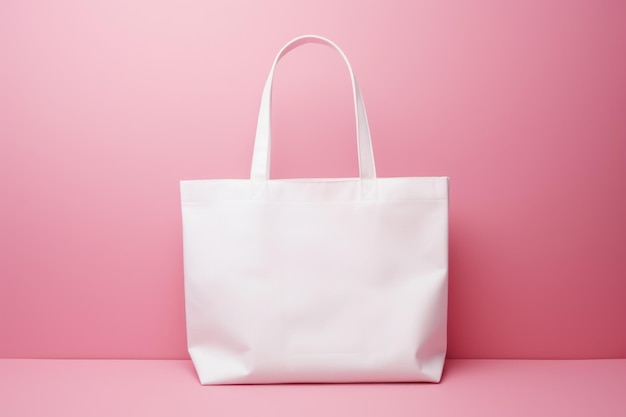 Modelagem de um saco branco com alças em um fundo rosa