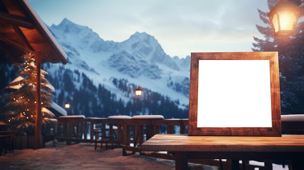 Modelagem de um sinal publicitário em branco contra um fundo de montanhas cobertas de neve Publicidade de um café ou hotel de um resort de inverno