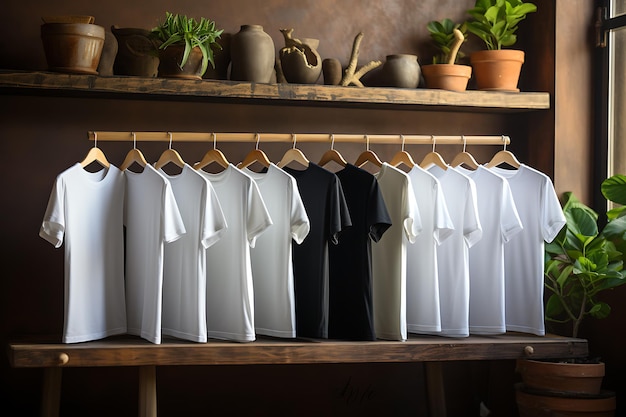 Foto modelagem de uma camiseta pendurada em um gancho em uma loja gerada por ia