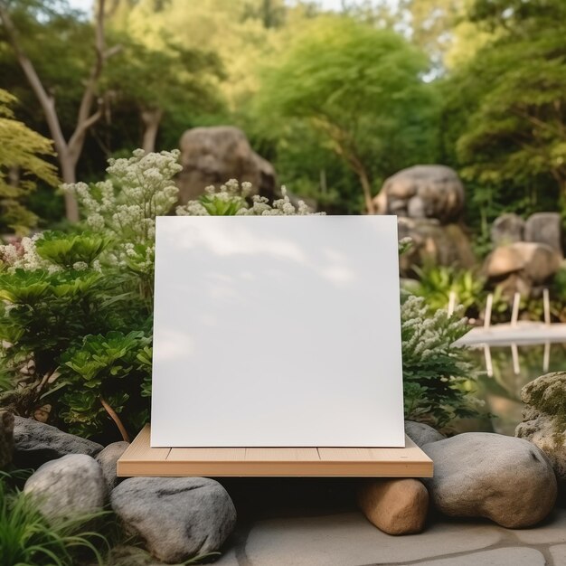 Foto modelagem de uma folha branca em branco de papel em pé em um suporte de madeira contra um fundo de pedras gre