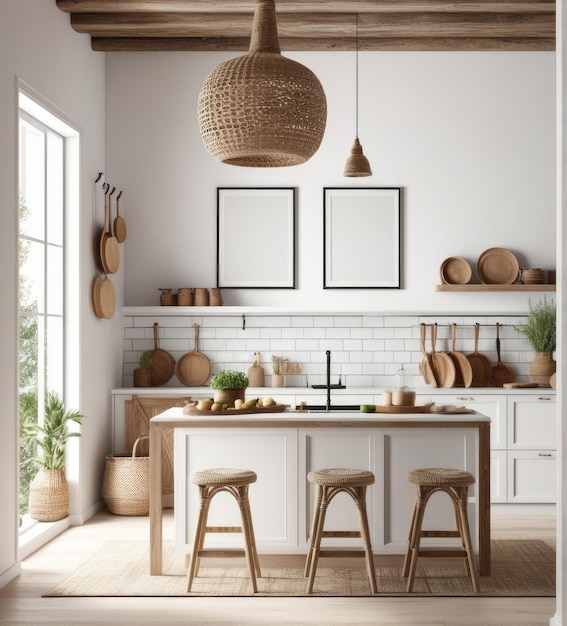 Modelagem de uma moldura branca simples no interior de uma cozinha boho nômade com decoração rústica renderização 3d