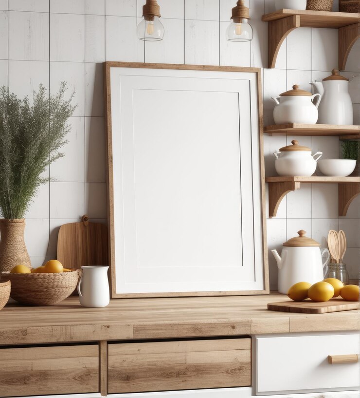 Foto modelagem de uma moldura branca simples no interior de uma cozinha boho nômade com decoração rústica renderização 3d