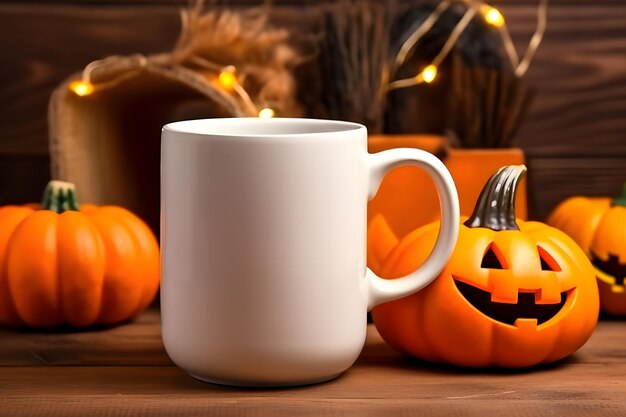 Modelagem de xícara de café com decorações de Halloween Halloween White Mug Mockup Gerado por IA