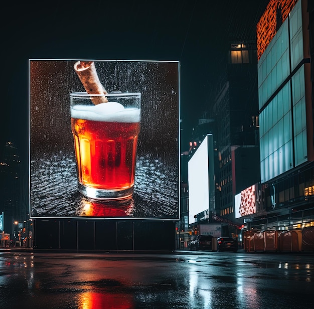 Modelagem digital de outdoor iluminado na paisagem urbana à noite com copo de bebida não rotulado