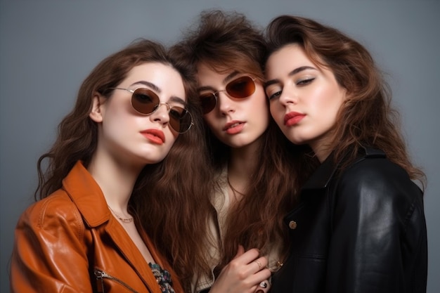 Modeliebe und Freunde mit Frauen im Studio für trendigen oder kantigen Stil zusammen auf grauem Hintergrund