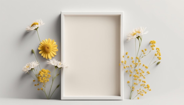 Modell des Bilderrahmens, der mit Frühlingsblumen dekoriert ist, sauberer Platz für Text auf weißem Hintergrund
