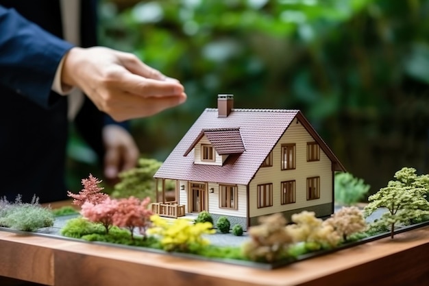 Modell des Hauses und der Wohngegend auf dem Tisch beim Immobilienmakler. Unterzeichnung eines Miet- oder Kaufvertrags. Immobilienangebot für bezahlbaren Wohnraum. Immobilienagentur-Werbekonzept. Hypothek
