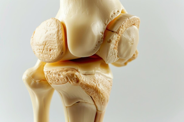 Modell des menschlichen Kniegelenks, das die Knochenstruktur und den Knorpel hervorhebt, isoliert auf weißem Hintergrund