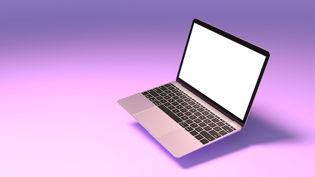 Modell des modernen Laptops mit leerem Bildschirm auf lila Hintergrund. 3D-Render-Illustration für Ihr Design.