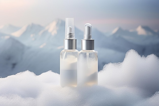 Modell einer eleganten Tropfflasche auf dem Hintergrund heller Wolken