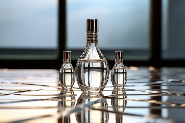 Foto modell einer eleganten tropfflasche auf einem minimalistischen studiohintergrund
