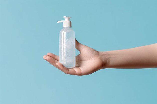 Modell einer Kosmetikflasche, die von der Hand auf blauem Hintergrund gehalten wird
