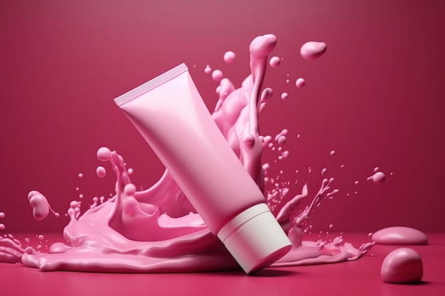 Modell einer Kosmetiktube mit Cremespritzer auf rosa Hintergrund