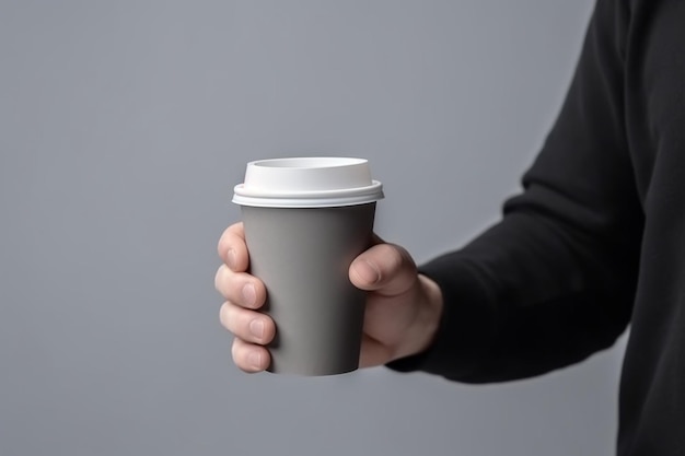 Modell einer männlichen Hand, die einen Kaffee-Pappbecher hält, isoliert auf hellgrau