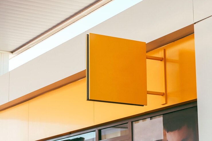 Modell einer quadratischen Beschilderung. Designvorlage für gelbe Restaurant- und Café-Schilder