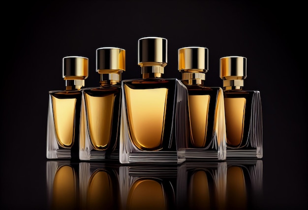 Modell einer Sammlung goldener Parfümflaschen auf einem spiegelschwarzen Ständer. Platz für Text. Konzept der Parfümerie