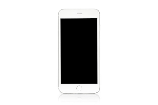 Modell eines generischen modernen weißen und silbernen digitalen Smartphones isoliert auf weißem Hintergrund
