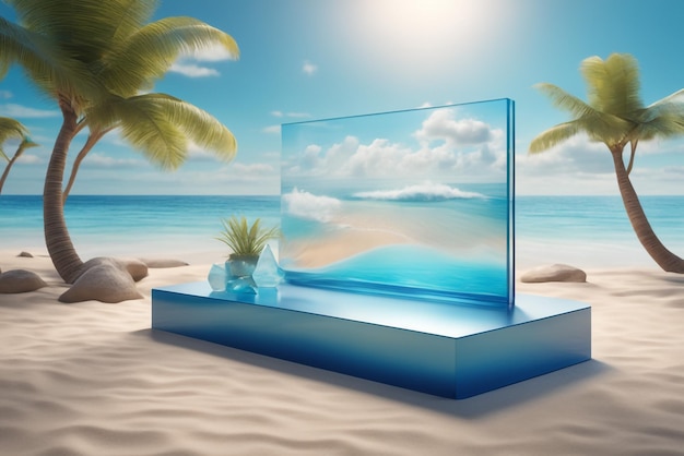 Modell eines glasigen Strandpodiums für die Produktpräsentation mit blauem Naturhintergrund und Strand und Wolke