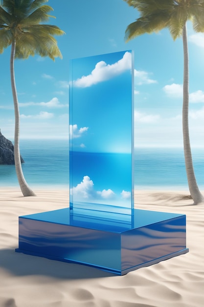 Modell eines glasigen Strandpodiums für die Produktpräsentation mit blauem Naturhintergrund und Strand und Wolke