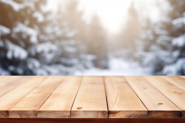 Modell eines leeren Holz-Display-Produktstandtisches in einem verschwommenen Zederwald in der Morgensonne