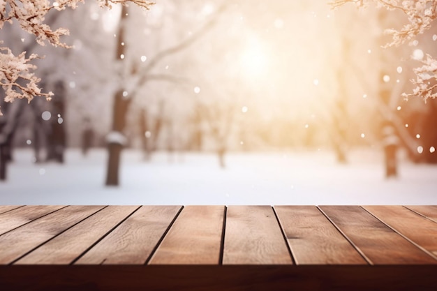 Modell eines leeren Holz-Display-Produktstandtisches in einem verschwommenen Zederwald in der Morgensonne