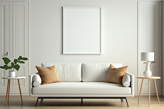 Modell eines leeren Rahmens auf einem weißen Sofa in einem hellen modernen Wohnzimmer