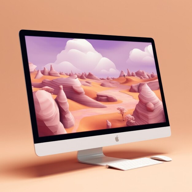 Foto modell eines pc- oder laptop-bildschirms enthält eine bergillustrations-landingpage. generative ki