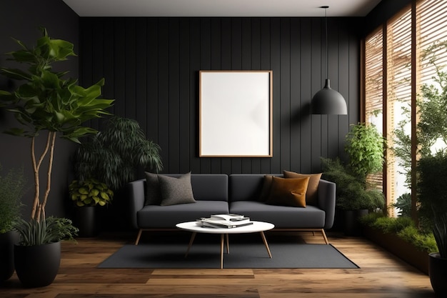 Modell eines Rahmens, eines modernen Wohnbereichs aus dunklem Holz mit Loungemöbeln und Topfpflanzen, Parkettbodendekorationen und Fenstern mit Fensterläden, skandinavische moderne Architektur