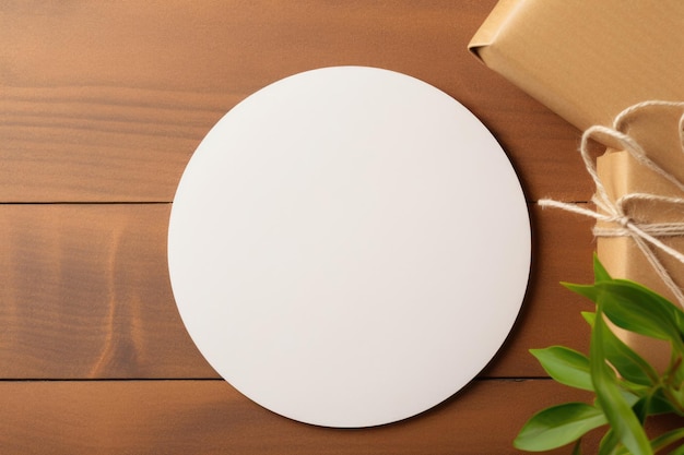 Modell eines runden weißen Aufklebers auf einem Holztisch mit Bastelschachteln