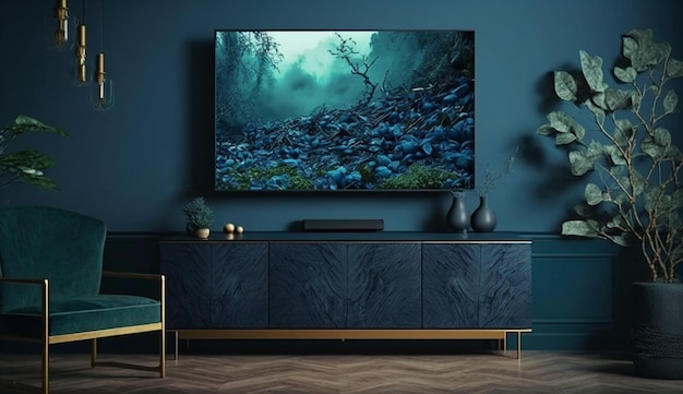 Modell eines TV-Wandschranks in einem Wohnzimmer mit dunkelblauer Wand „Generative AI“.