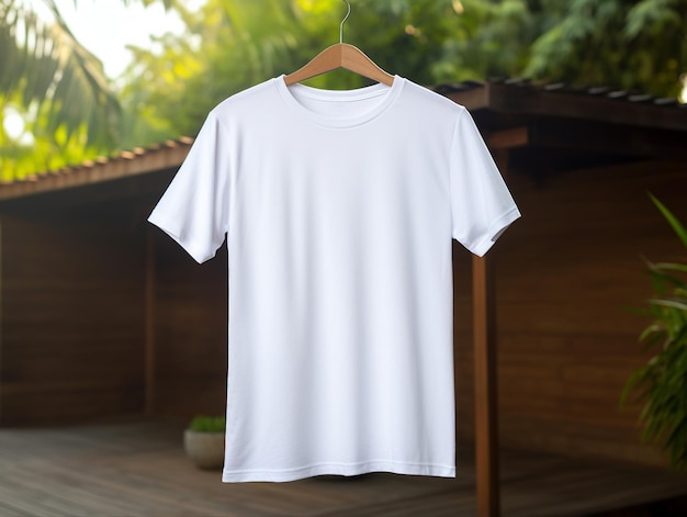 Modell eines weißen T-Shirts auf einem Kleiderbügel