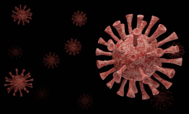Modell für Coronavirus Covid19 Ausbruch und Coronavirus Influenza Konzept auf schwarzem Hintergrund als gefährliche Grippestamm Fälle als pandemische medizinische Gesundheitsrisiko mit Krankheitszelle als 3D-Rendering