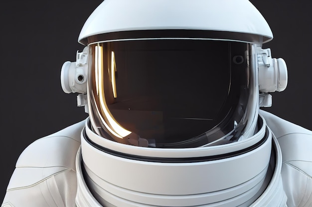 Modell im weißen Astronautenanzug mit Helm Auf dem Helm befindet sich im Gesichtsbereich ein großes Glas