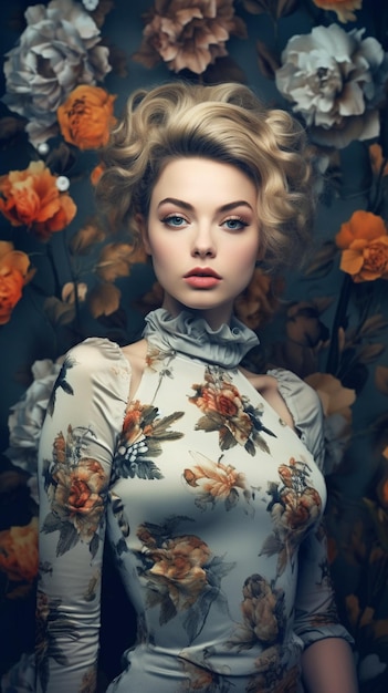 Modell in einem weißen Kleid mit Blumen