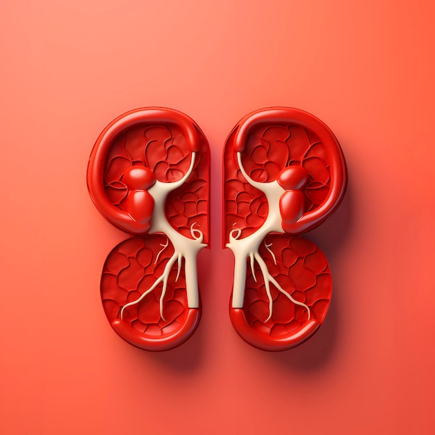 Modell menschlicher Nieren auf rotem Hintergrund, generiert von KI