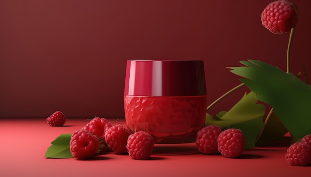 Modell mit Glas und süßen Himbeeren auf dem Tisch auf rotem Hintergrund