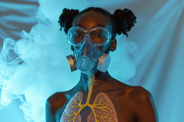 Modell mit Sauerstoffmaske und Lungenbedeckung auf der Brust