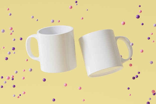 Foto modell mit weißem becher, tasse für tee oder kaffee auf gelbem hintergrund, leere vorlage für ihr design, branding, geschäft. 3d-rendering