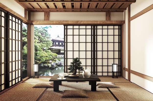 Modell - modernes Wohnzimmer im japanischen Stil. 3D-Rendering