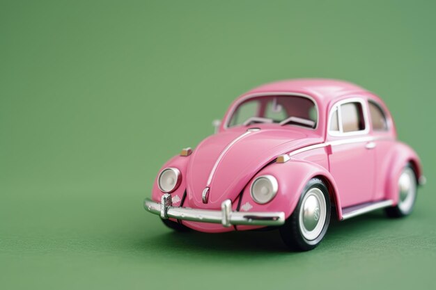 Modell rosa Retro-Spielwagen auf grünem Hintergrund Miniaturwagen mit Kopierplatz