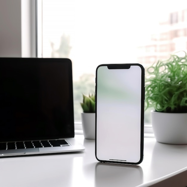 Modell-Smartphone auf einem Schreibtisch mit weißem Bildschirm