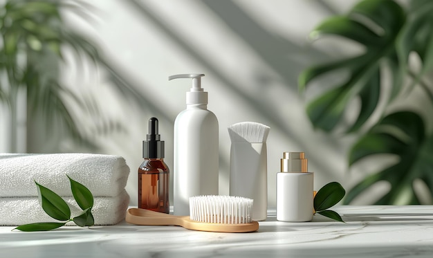 Modell von Plastikverpackungen und Flaschen mit natürlichen organischen Kosmetika im Badezimmer