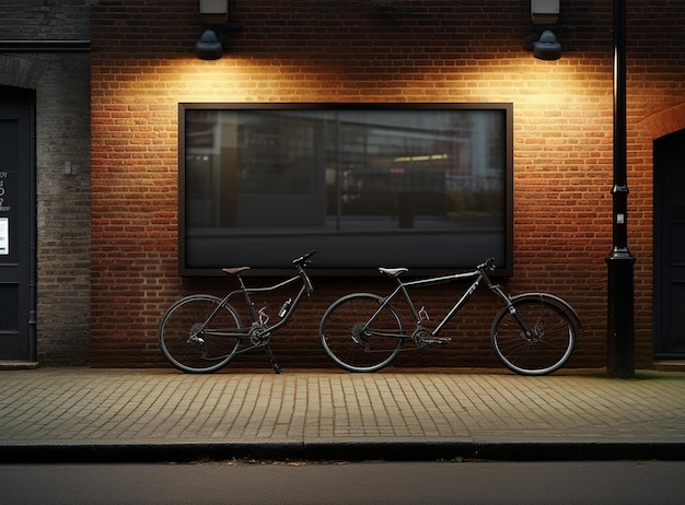 Modell zweier Fahrräder, die auf einer Ziegelmauer in der Nähe einer Werbetafel geparkt sind