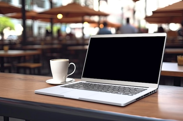 Modellbild eines Laptops mit leerem Bildschirm auf einem Holztisch in einem modernen Café