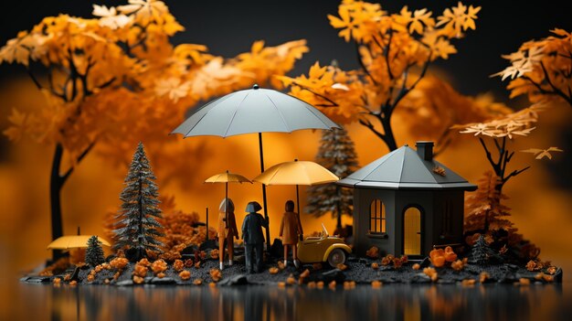 Modellhaus mit Regenschirm und Herbstbäumen im Hintergrund